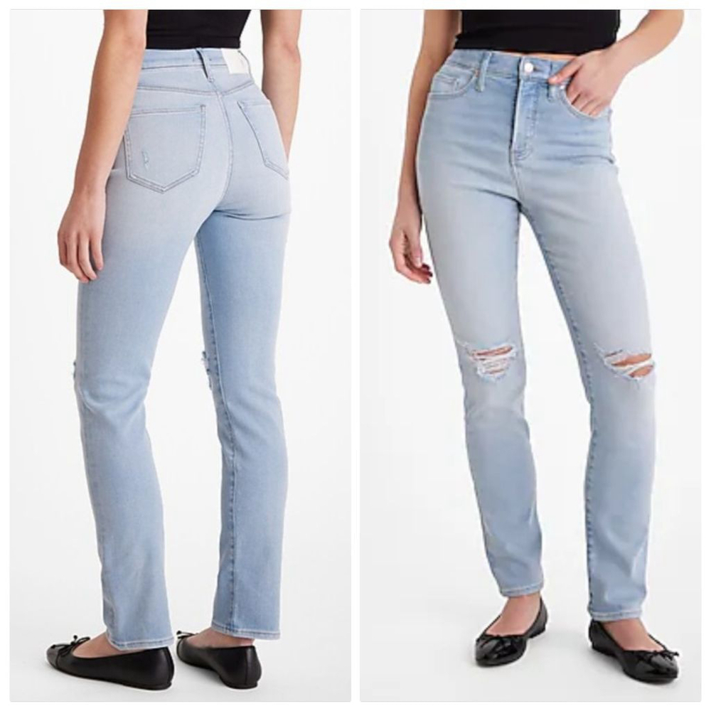 Express 90s Slim Ripped High Rise Hyper Stretch Light Wash Straight 0 Jeans